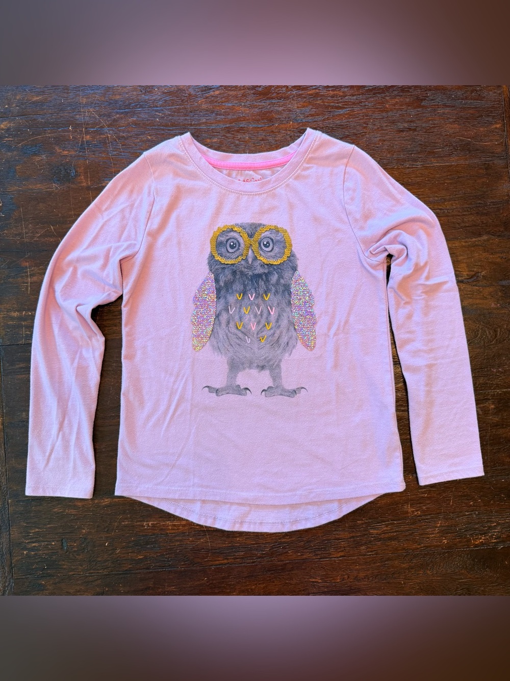 Cat & Jack Girls Lavender Long Sleeve Sequin Owl Graphic T-shirt M (7/8)